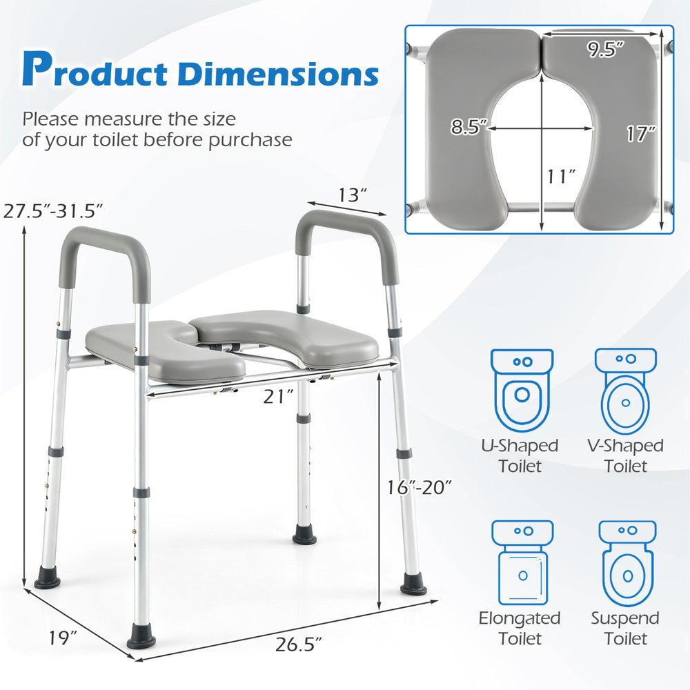 Heavy-duty raised toilet seat with non-slip handles, supporting up to 400 lbs, ideal for elderly and disabled users.