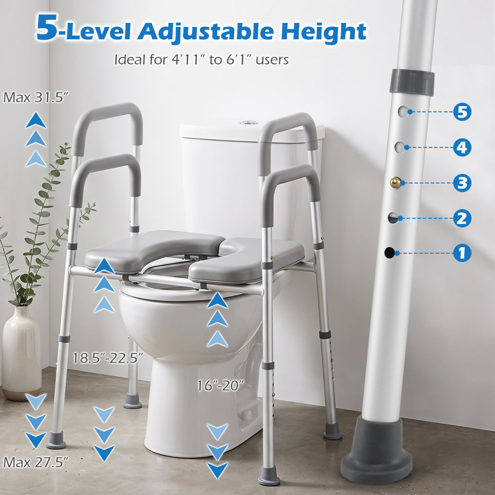 Heavy-duty raised toilet seat with non-slip handles, adjustable height for users 4'11" to 6'1", supports up to 400 lbs.