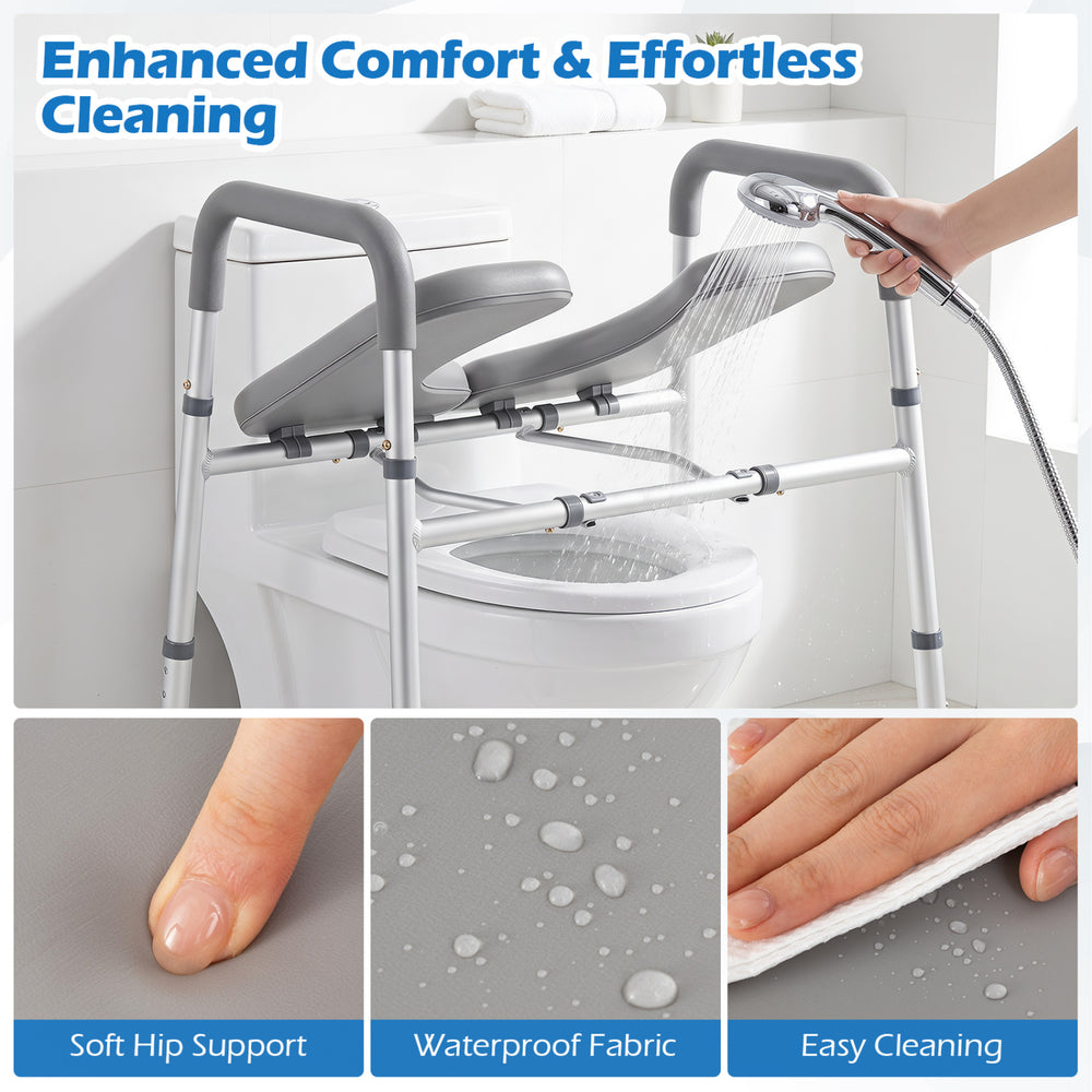 Heavy-duty 400 lbs raised toilet seat with non-slip handles and padded support for enhanced comfort and safety.