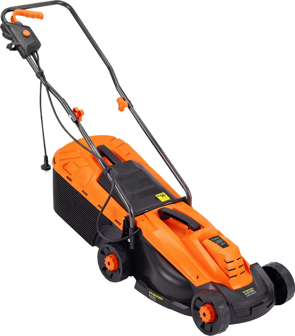 Corded electric lawn mower with a 13-inch cutting deck, 12-amp motor, and 3-position height adjustment for efficient mowing.