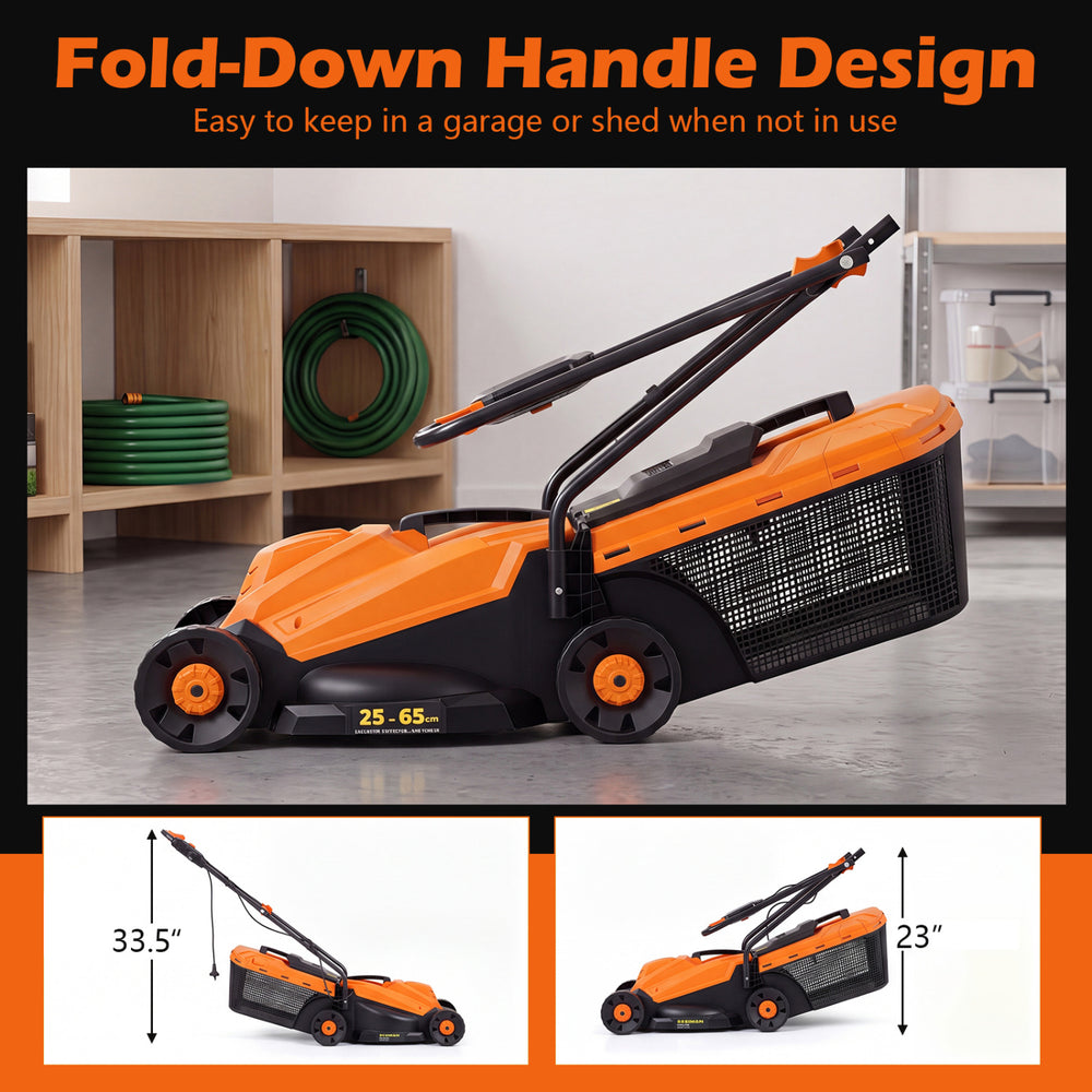 13-inch corded electric lawn mower with a fold-down handle design for easy storage in a garage or shed.