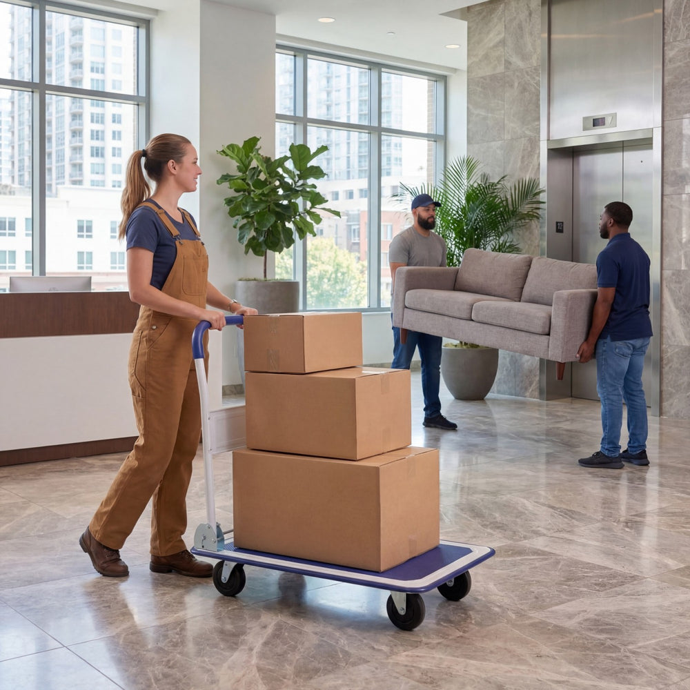 Folding platform hand truck with collapsible bed and four wheels, ideal for moving items in warehouses or homes.
