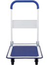 Folding platform hand truck with a blue textured surface, ergonomic handle, and four wheels for easy movement and storage.
