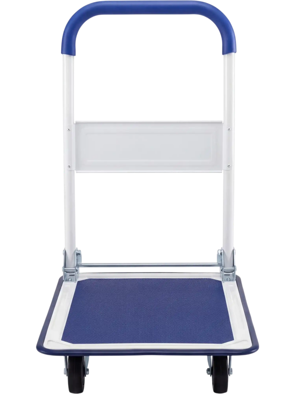 Folding platform hand truck with a blue textured surface, ergonomic handle, and four wheels for easy movement and storage.