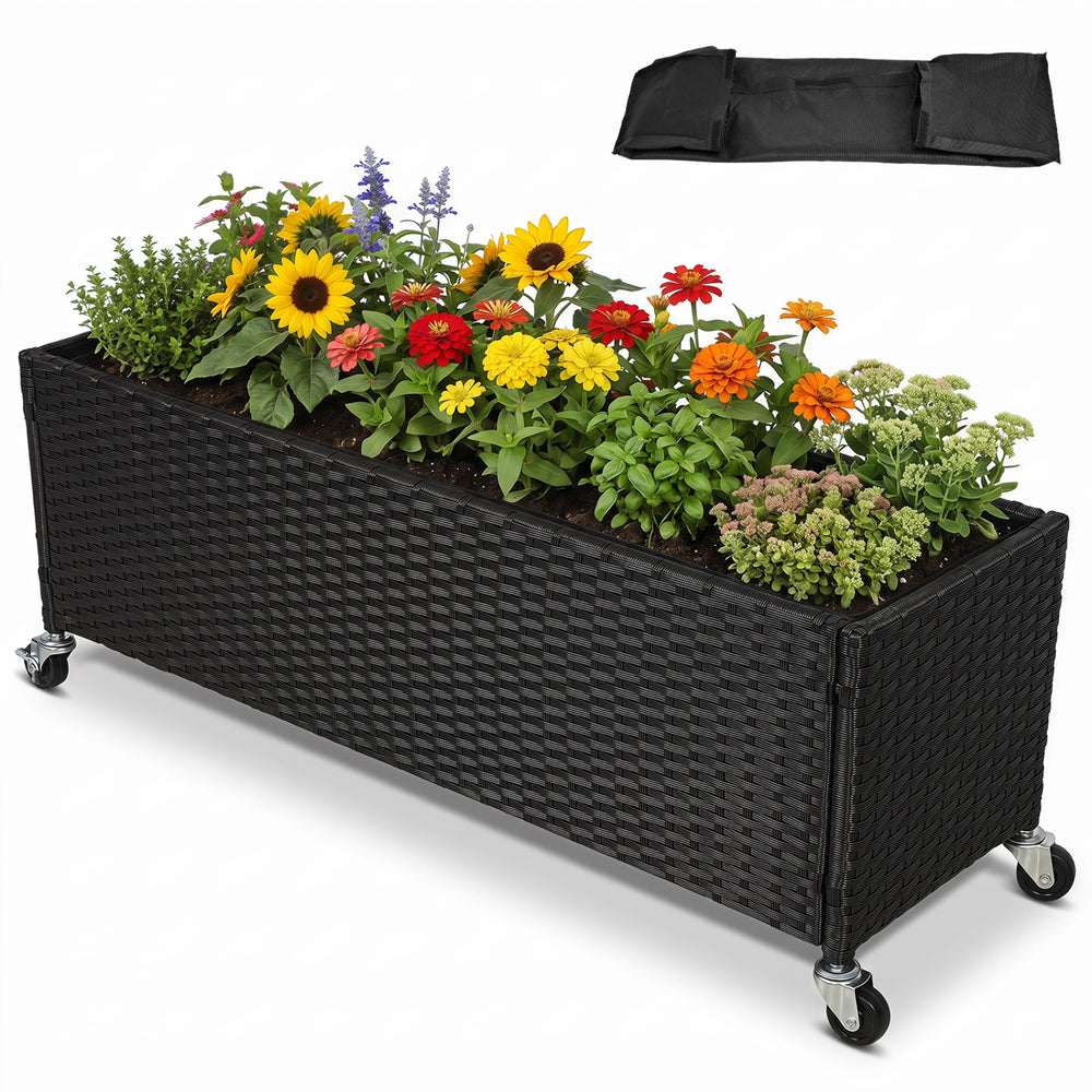 Raised garden bed made of fade-resistant PE rattan with wheels, ideal for cultivating flowers and plants on patios.