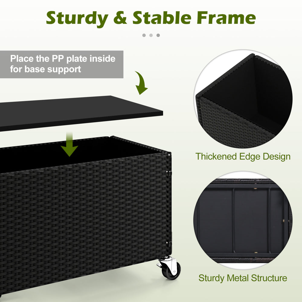 Raised garden bed made of fade-resistant PE rattan with a sturdy metal frame and wheels for easy outdoor mobility.