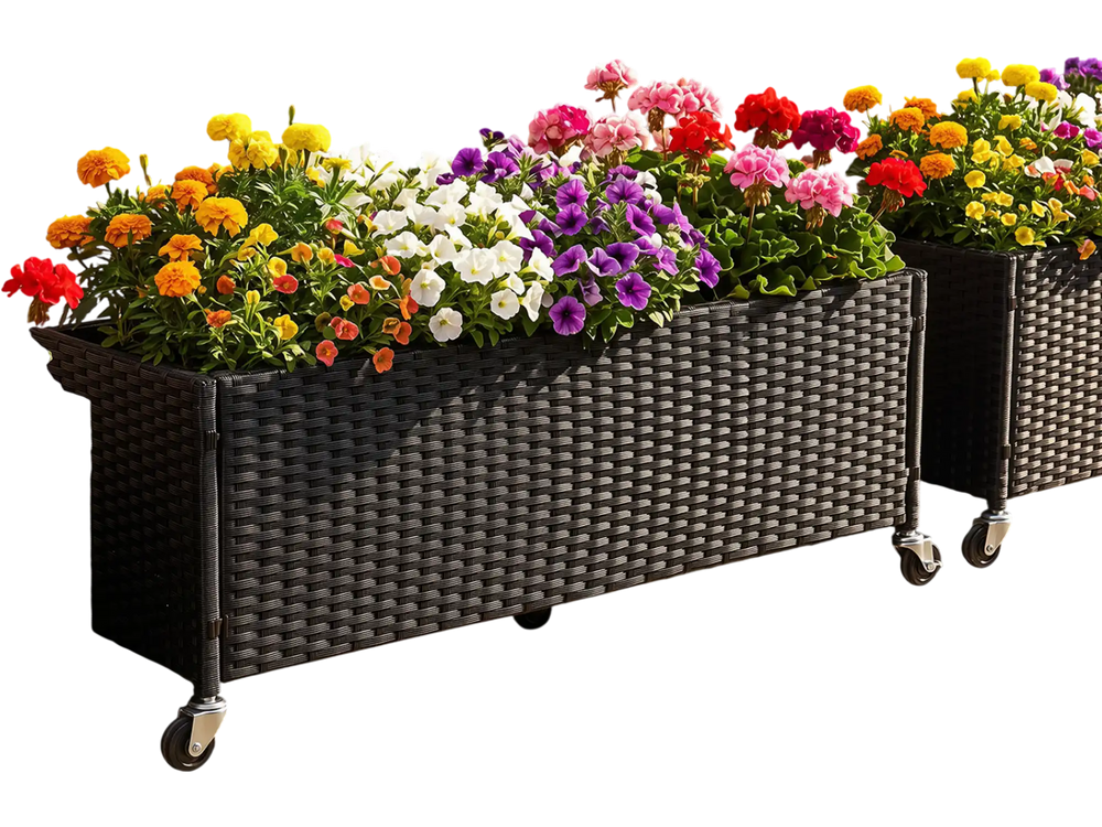 Raised garden bed made of fade-resistant PE rattan with vibrant flowers, featuring wheels for easy mobility in outdoor spaces.