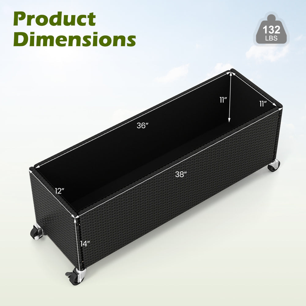 Raised garden bed planter box made of PE rattan with wheels, featuring dimensions of 36" x 12" x 14" for versatile outdoor use.