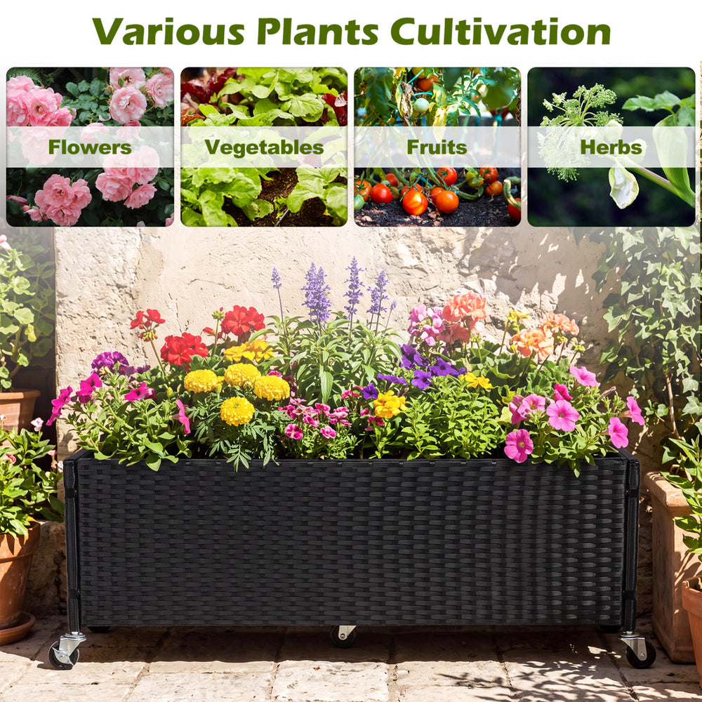 Raised garden bed made of fade-resistant PE rattan with wheels, ideal for cultivating flowers and vegetables outdoors.