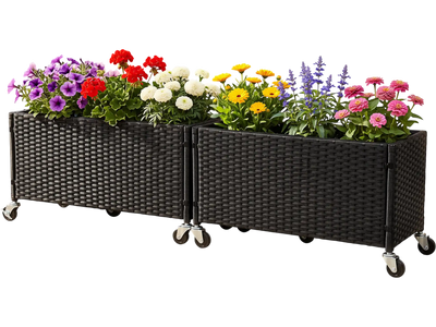 Costway Set of 2 Raised Garden Bed Planter Boxes w/ Liner & Wheels 26173027 New