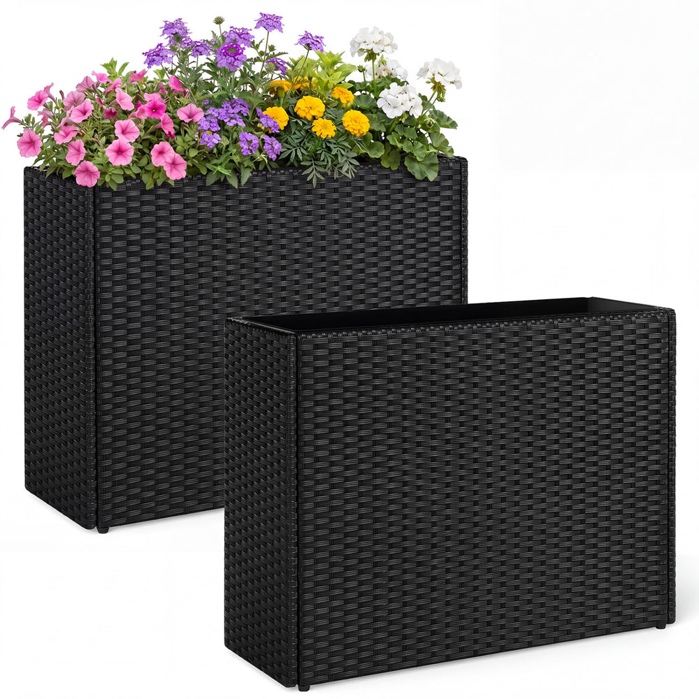 Set of 2 raised garden beds made of weatherproof PE rattan, ideal for indoor or outdoor plant cultivation and decoration.
