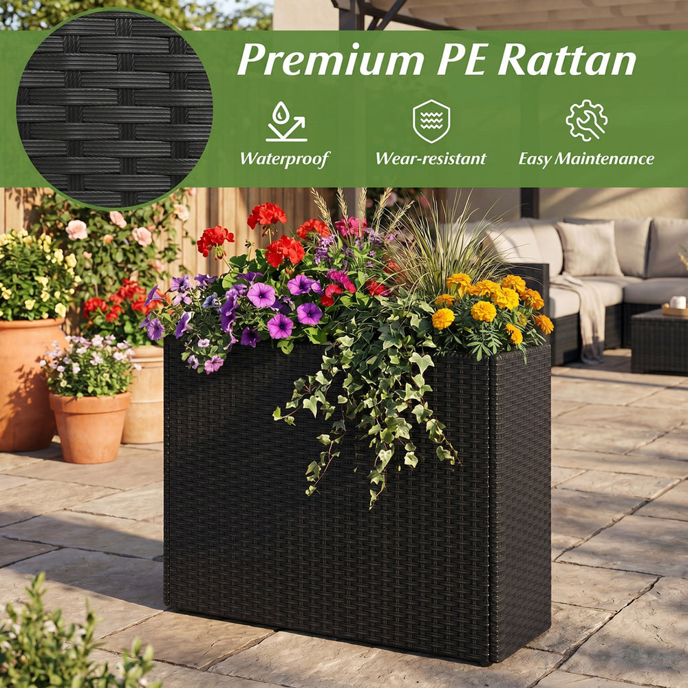 Tall raised garden bed made of weatherproof PE rattan, perfect for indoor and outdoor plant display and privacy.