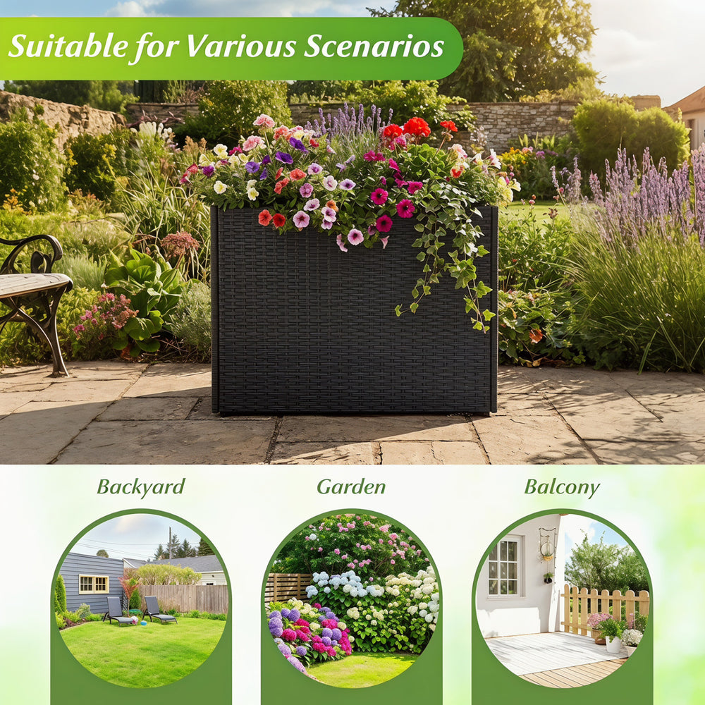 Tall raised garden bed made of all-weather PE rattan, perfect for cultivating flowers and adding elegance to outdoor spaces.