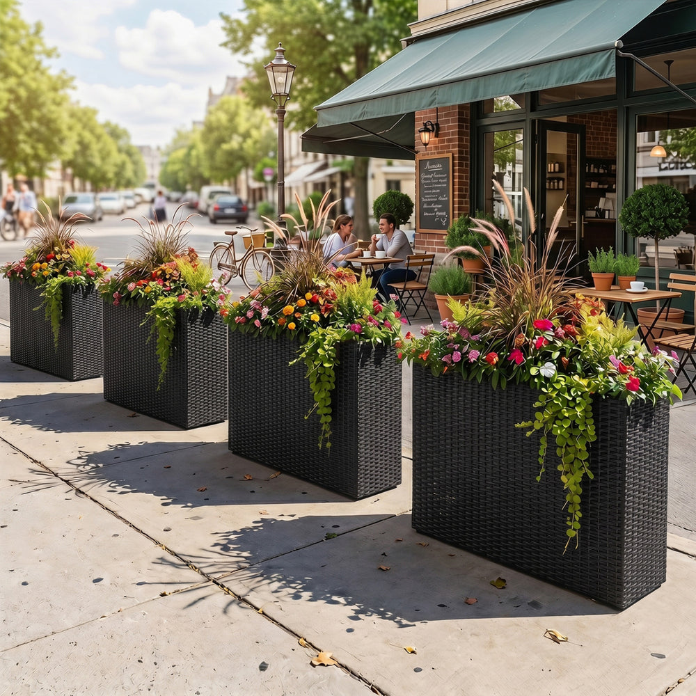 Tall raised garden beds made of all-weather PE rattan, perfect for adding greenery to patios or cafes.