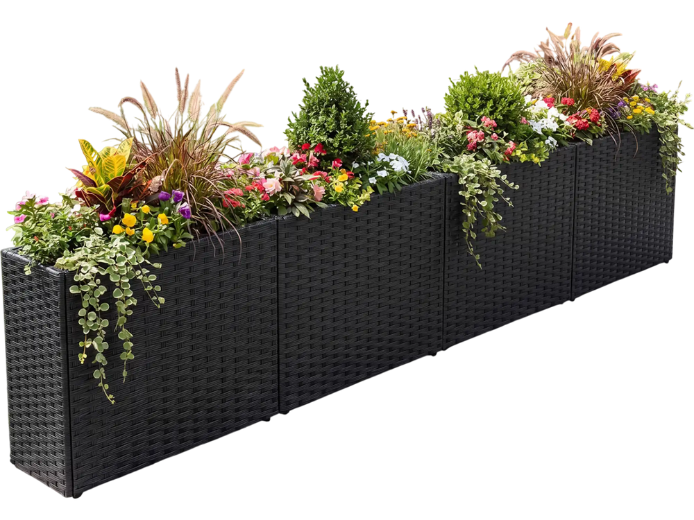 Tall raised garden bed made of weatherproof PE rattan, perfect for cultivating flowers and adding privacy in outdoor spaces.