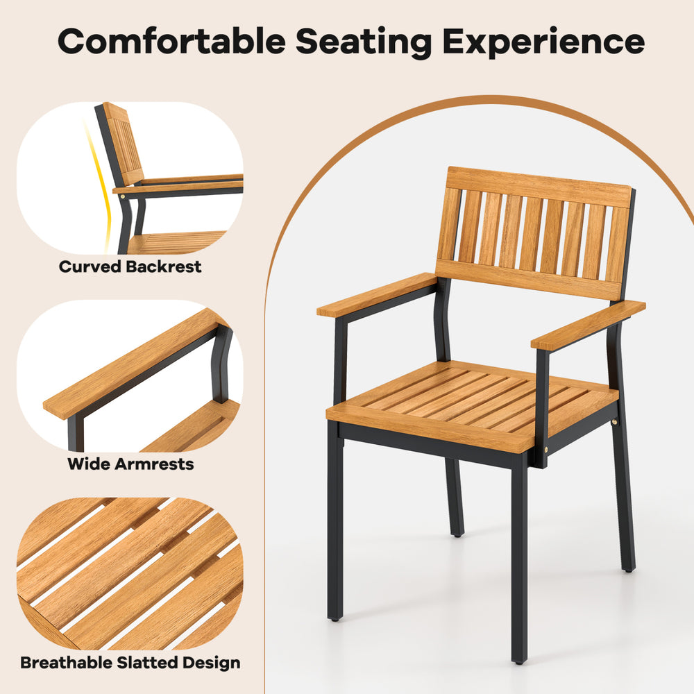 Armchair with a curved backrest and wide armrests features a breathable slatted design for comfortable outdoor seating.