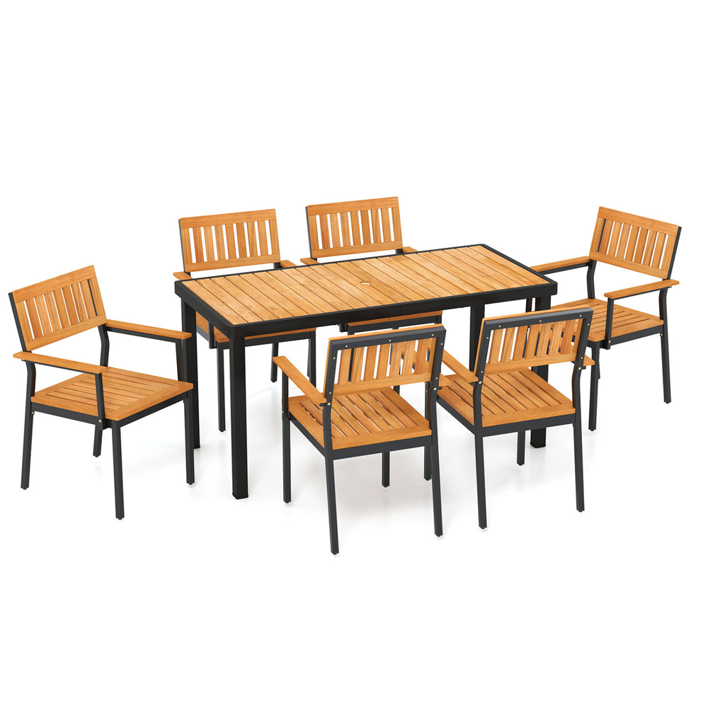 7-piece outdoor dining set featuring an acacia wood table and armchairs, perfect for patio gatherings with umbrella hole.