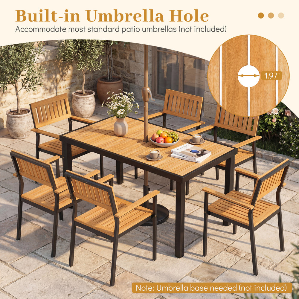 7-piece outdoor dining set featuring a spacious acacia table with a 1.97" umbrella hole, perfect for patios and gardens.