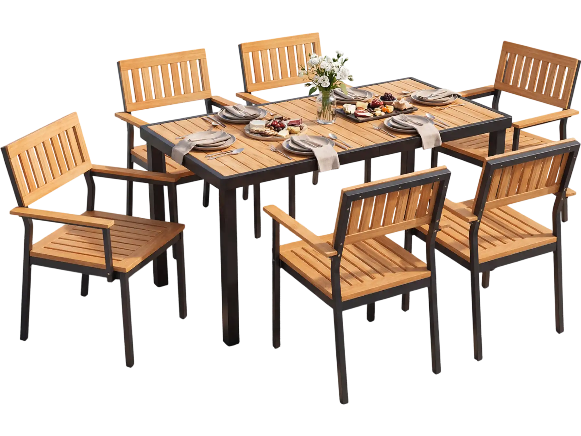 Costway 7-Piece Outdoor Patio Dining Set for 6 Acacia Table Armchairs Umbrella Hole 46009279 New