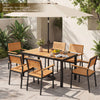 7-piece outdoor dining set featuring a spacious acacia wood table and armchairs, perfect for patio gatherings.