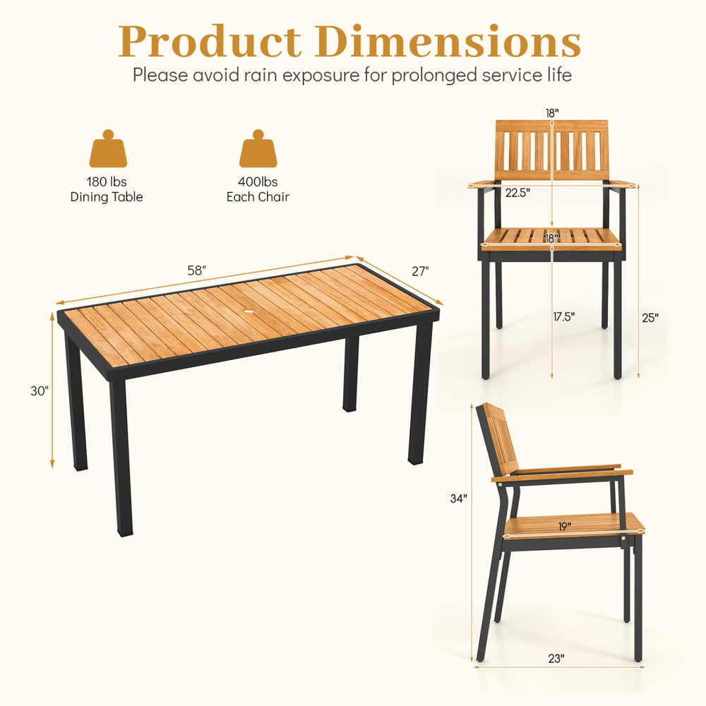 7-piece outdoor dining set featuring a spacious 58” acacia wood table and ergonomic armchairs, ideal for patios and gardens.