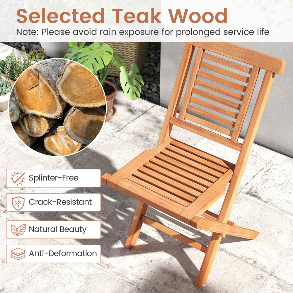 Teak wood folding patio chair with slatted seat and high backrest, perfect for backyard relaxation and outdoor use.