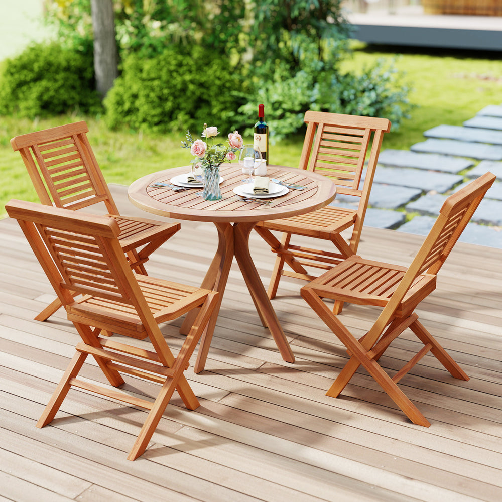 Teak wood folding patio chairs set with high backrest and X-support, perfect for backyard dining and relaxation.