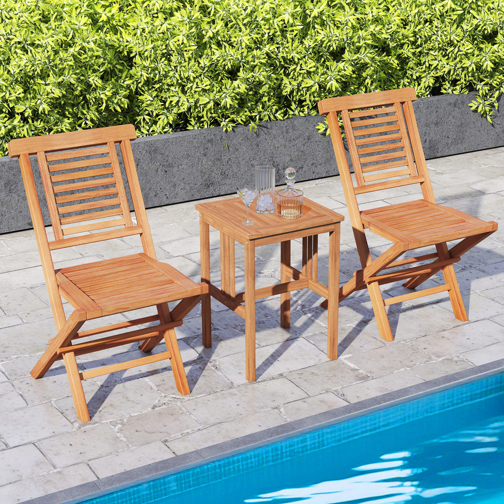 Teak wood folding patio chairs set of 2 with high backrest and X-support, perfect for backyard relaxation by the pool.
