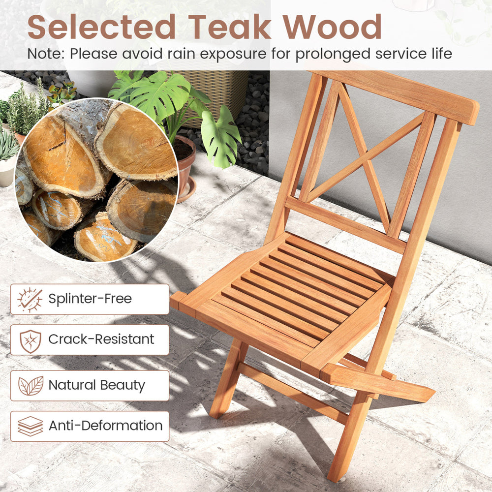 Teak wood folding patio chair features a splinter-free surface and sturdy X-shaped support for outdoor comfort and durability.