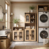 Bathroom cabinet set featuring a 59-inch tall cabinet and 2-door floor cabinet in natural wood for versatile storage solutions.