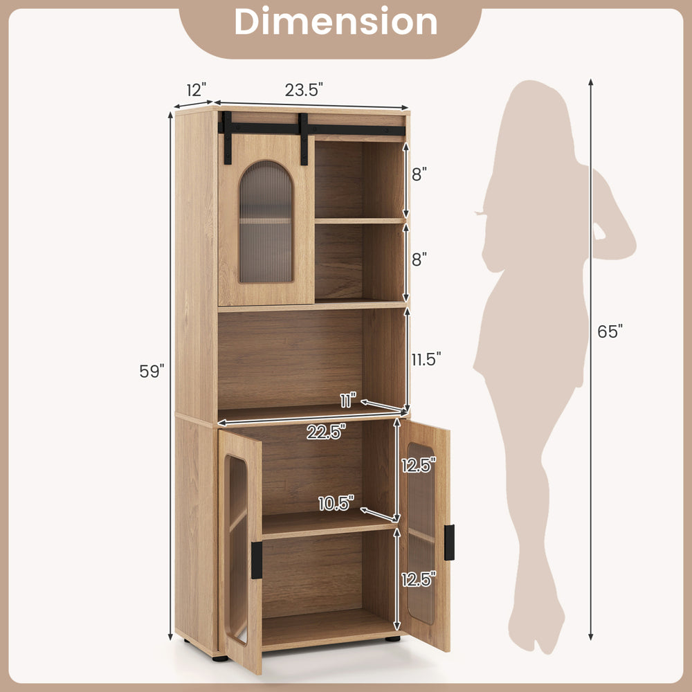Tall bathroom cabinet set with natural finish, featuring adjustable shelves and sliding barn door for versatile storage.