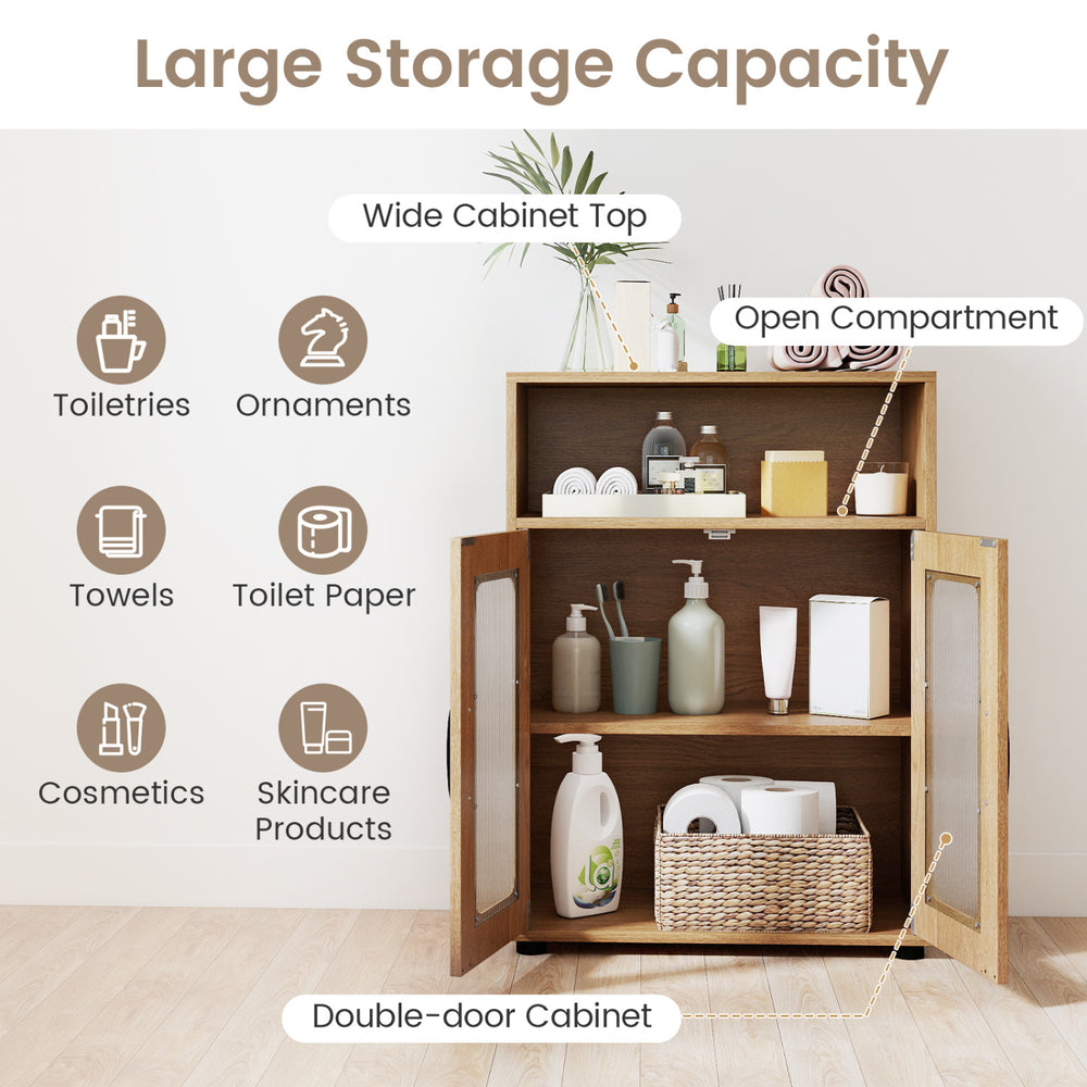 Bathroom cabinet set featuring a 59-inch tall design with double-door storage and adjustable shelves for versatile organization.