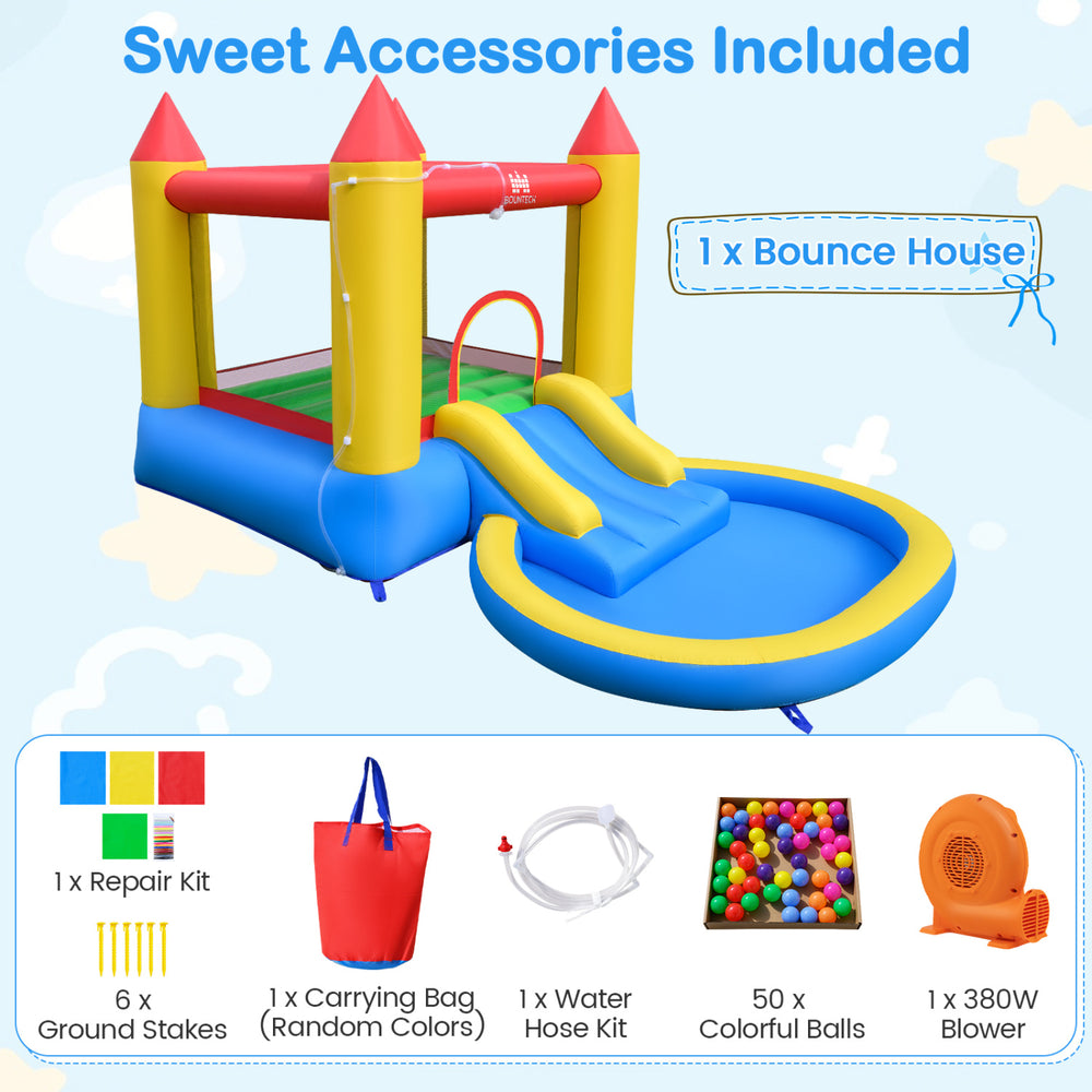 Brightly colored kids water park bounce house with slide, splash pool, and 380W blower for endless outdoor fun.