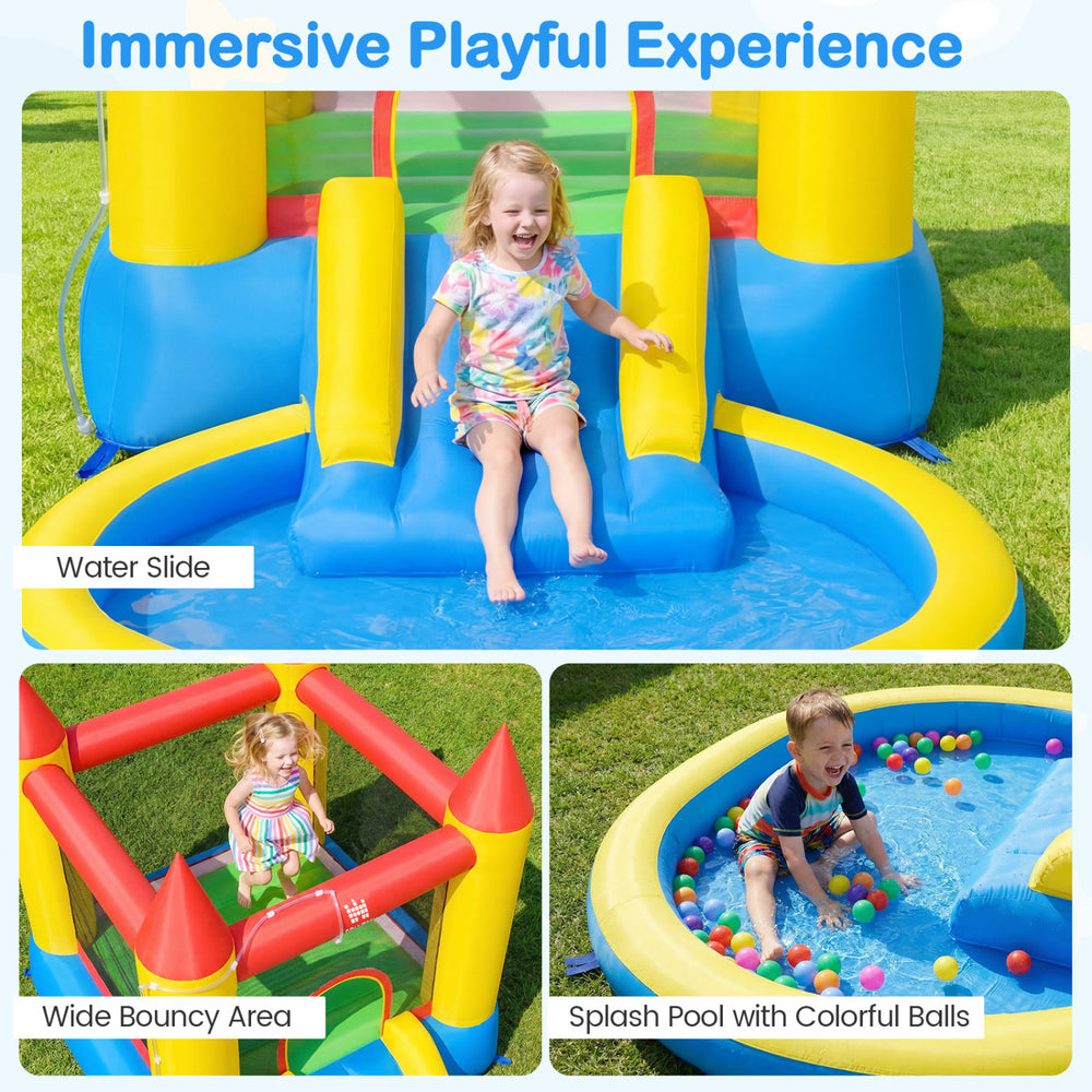 Kids Water Park features a water slide, wide bouncy area, and splash pool with colorful balls for outdoor fun.
