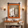 Rectangle farmhouse wall mirror with a brown pine wood frame and metal bracket, perfect for bathroom or hallway decor.