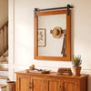 Rectangle farmhouse wall mirror with a brown pine wood frame and metal bracket, ideal for bathroom or entryway decor.