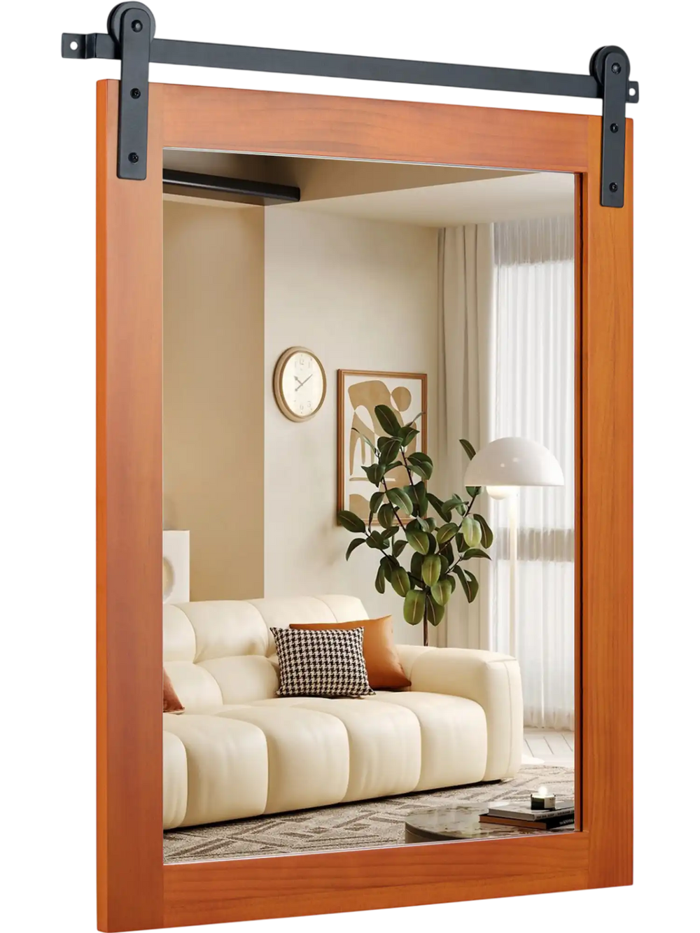 Rectangle farmhouse wall mirror with a brown pine wood frame and metal bracket, ideal for bathroom or hallway decor.