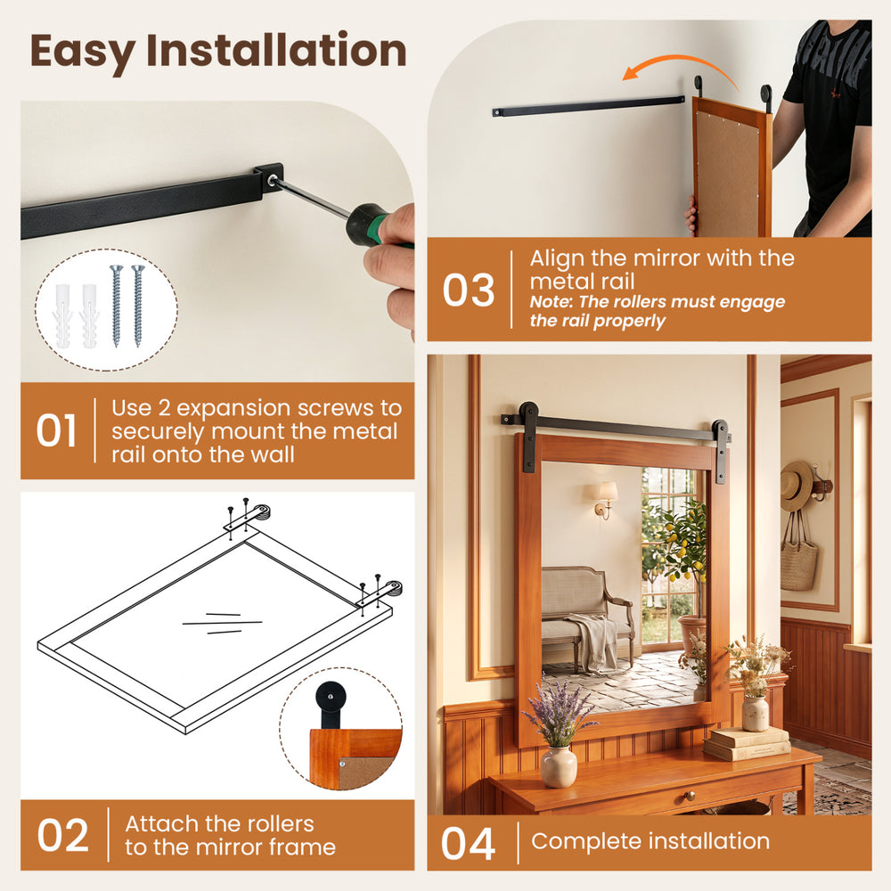 29" x 23" farmhouse wall mirror with a pine wood frame and metal bracket, ideal for bathroom or decorative use.