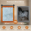 29" x 23" farmhouse wall mirror with a brown pine wood frame and metal bracket, featuring shatterproof safety film.