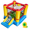 Inflatable bounce house with a smooth slide and elevated handrails, ensuring safe and fun play for children aged 3-12.