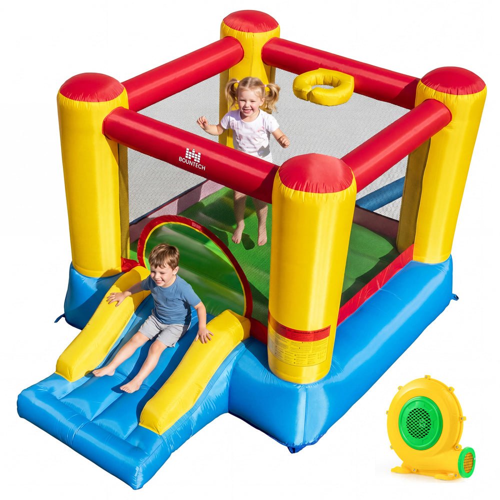 Inflatable bounce house with a smooth slide and elevated handrails, ensuring safe and fun play for children aged 3-12.