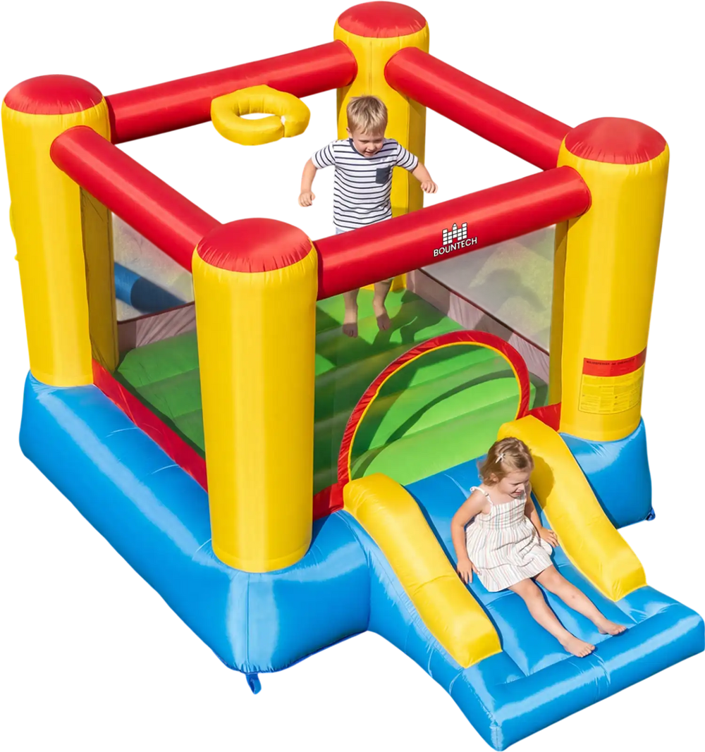 Brightly colored inflatable bounce house with basketball rim and slide, designed for kids aged 3-12 for outdoor fun.