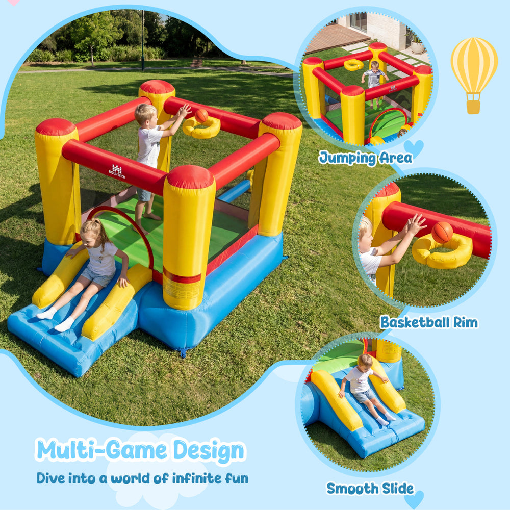 Inflatable bounce house featuring a jumping area, basketball rim, and smooth slide for kids aged 3-12.