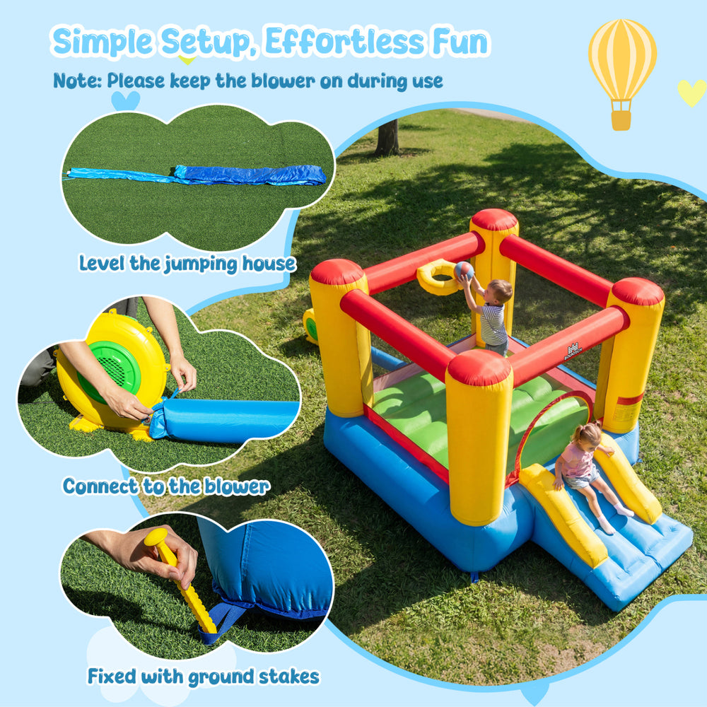 Inflatable bounce house with basketball rim and slide, made of durable 420D oxford cloth, perfect for kids aged 3-12.