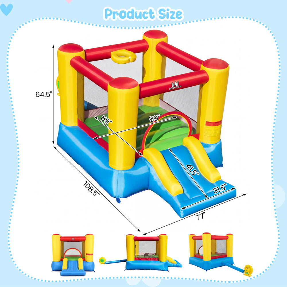 Inflatable bounce house with basketball rim, smooth slide, and protective mesh walls for safe indoor and outdoor fun.