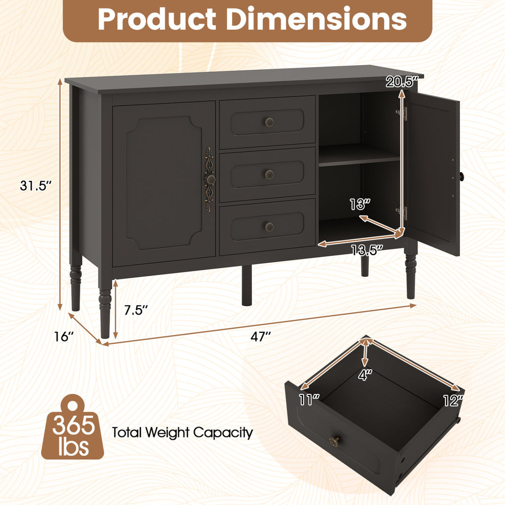 47" vintage buffet cabinet in brown features 3 drawers, 2 cabinets, and adjustable shelves for organized dining room storage.