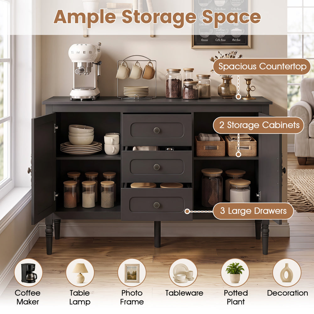 Vintage buffet cabinet featuring a spacious countertop, 3 large drawers, and 2 cabinets for organized dining room storage.