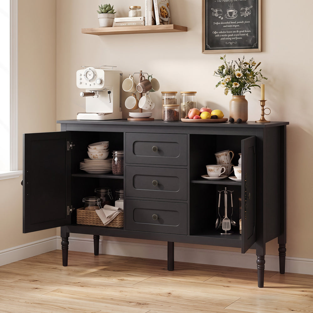 47" Vintage Buffet Cabinet with 3 Drawers 2 Cabinets and Adjustable Shelves for Dining Room-Black - Gallery View 1 of 11
