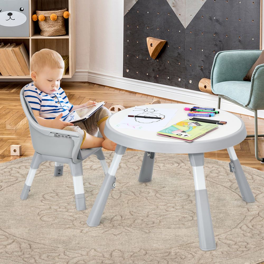 Gray 5-in-1 baby highchair with adjustable height, 2-tier tray storage, and a swivel seat for versatile use.