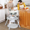 5-in-1 gray baby highchair with adjustable height, 2-tier tray storage, and safety features for versatile feeding needs.
